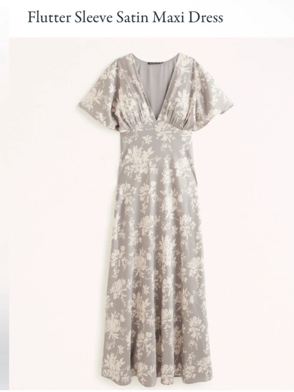 Abercrombie & Fitch Flutter Sleeve Satin Maxi Dress in Grey Floral Deep V Neck